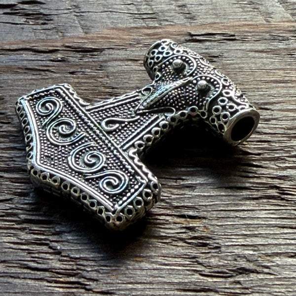 Thor's Hammer Mjolnir / Viking Raven Head Sterling Silver Pendant