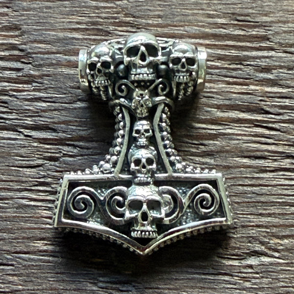 Skull Thor's Hammer Mjolnir / Gothic Viking Norse Sterling Silver Pendant