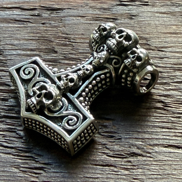 Skull Thor's Hammer Mjolnir / Gothic Viking Norse Sterling Silver Pendant