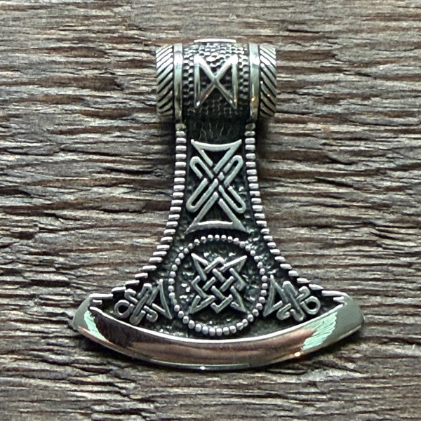 Thor's Hammer Mjolnir / Viking Runes Norse Knotwork Sterling Silver Pendant