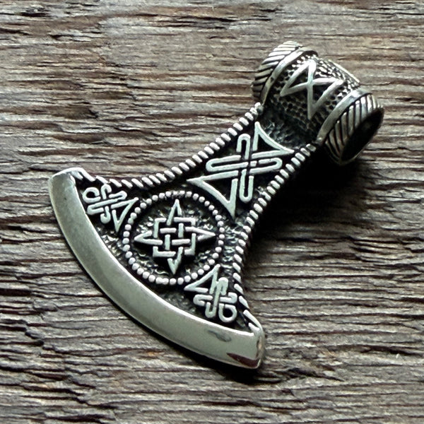Thor's Hammer Mjolnir / Viking Runes Norse Knotwork Sterling Silver Pendant