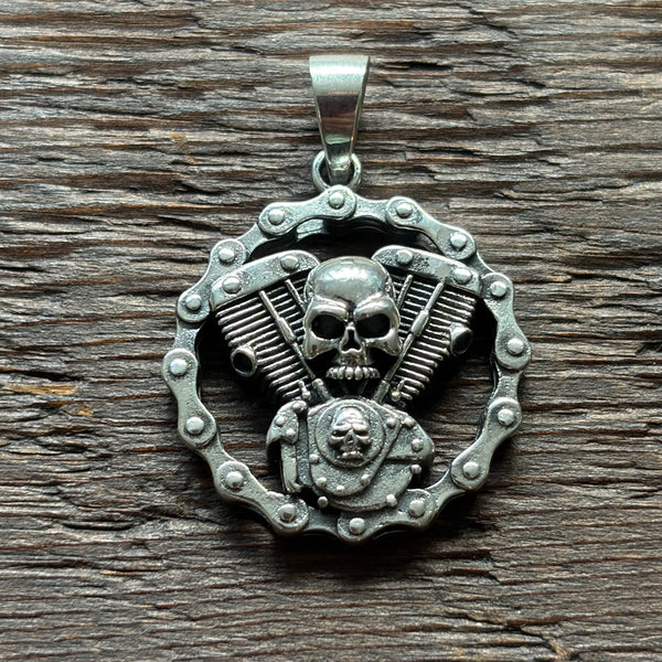 Harley / Biker Style Skull V-Twin Gothic Sterling Silver Pendant