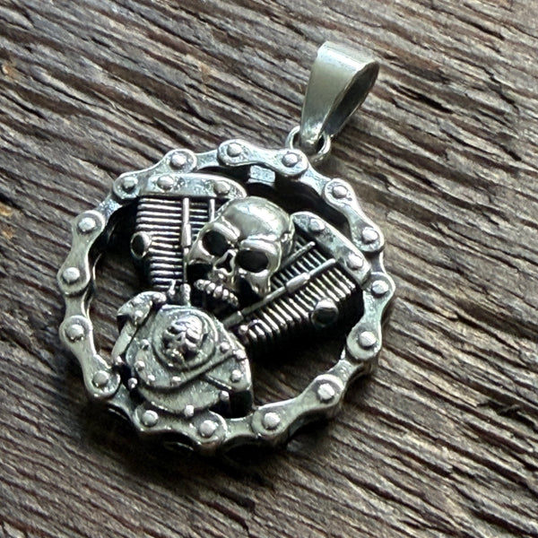 Harley / Biker Style Skull V-Twin Gothic Sterling Silver Pendant