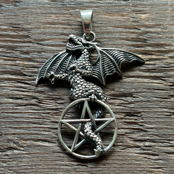 Gothic / Pagan Dragon & Pentagram Sterling Silver Pendant