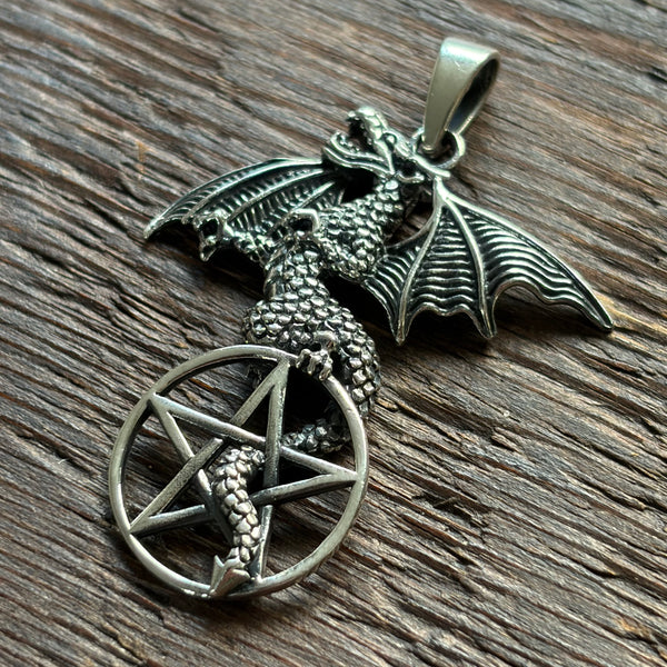 Gothic / Pagan Dragon & Pentagram Sterling Silver Pendant