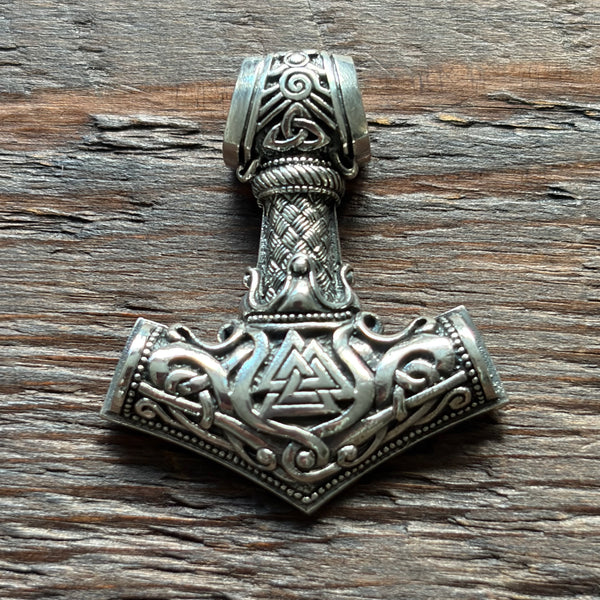 Thor's Hammer Mjolnir / Viking Valknut Norse Sterling Silver Pendant