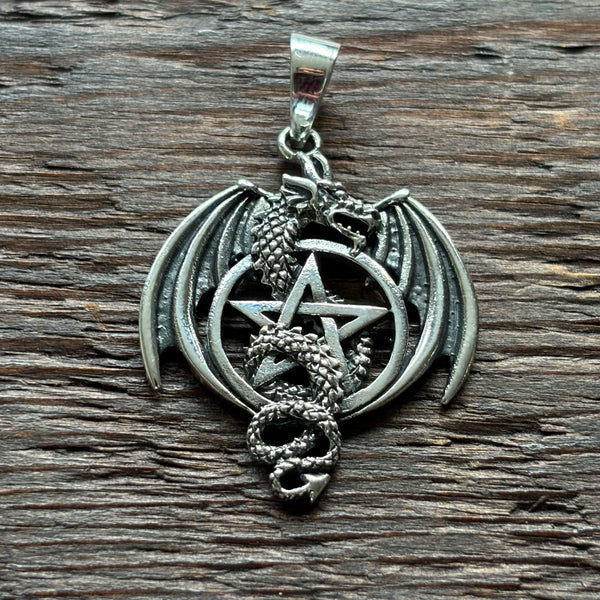 Gothic / Pagan Dragon & Pentagram Sterling Silver Pendant