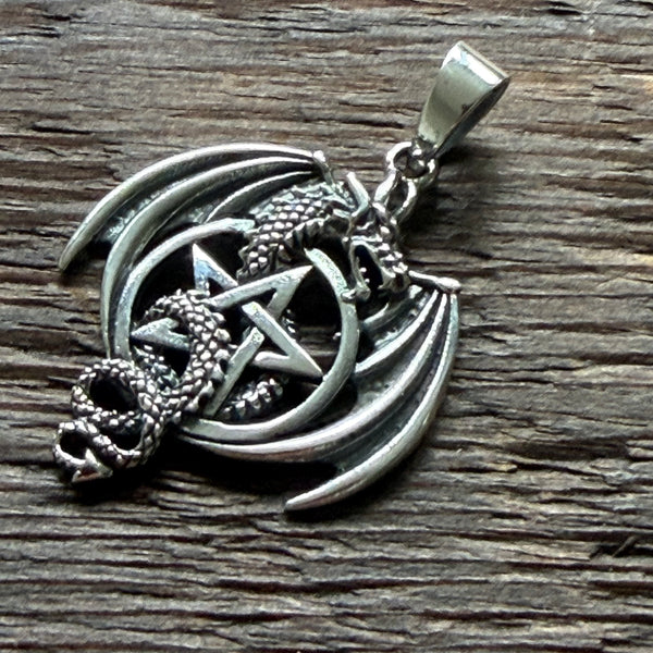 Gothic / Pagan Dragon & Pentagram Sterling Silver Pendant