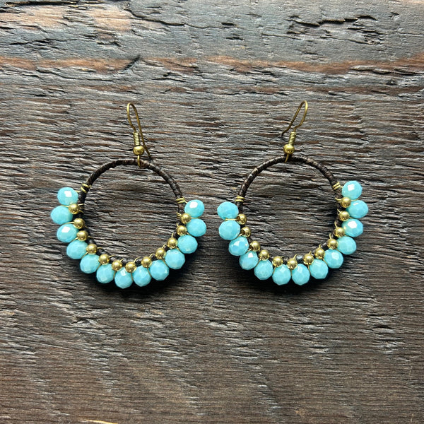 'Bead Love' Handmade Round Bead & Brass Drop Earrings - Light Blue
