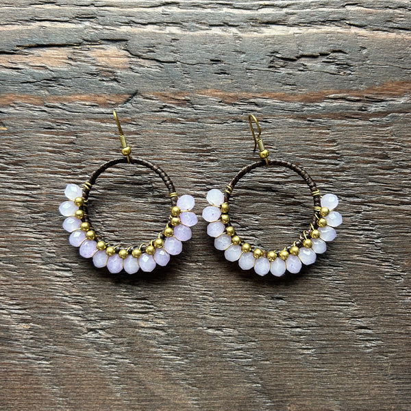 'Bead Love' Handmade Round Bead & Brass Drop Earrings - Lilac