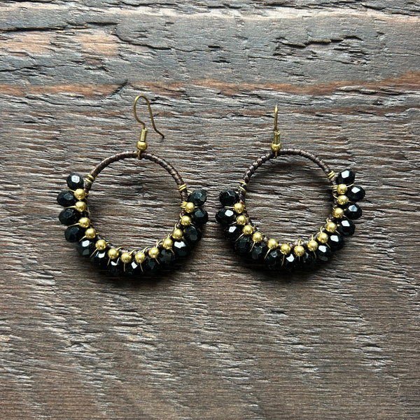 'Bead Love' Handmade Round Bead & Brass Drop Earrings - Black