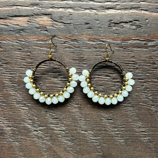 'Bead Love' Handmade Round Bead & Brass Drop Earrings - White