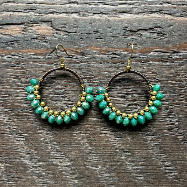 'Bead Love' Handmade Round Bead & Brass Drop Earrings - Green