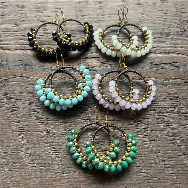 'Bead Love' Handmade Round Bead & Brass Drop Earrings - Light Pink