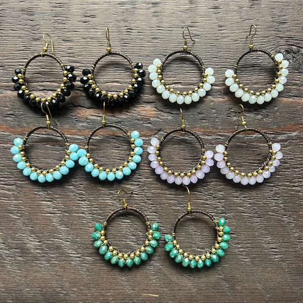 'Bead Love' Handmade Round Bead & Brass Drop Earrings - Light Pink