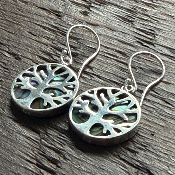 Abalone Shell / Tree Of Life Drop Earrings With 925 Sterling Silver