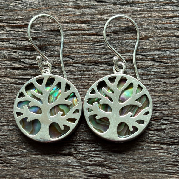 Abalone Shell / Tree Of Life Drop Earrings With 925 Sterling Silver