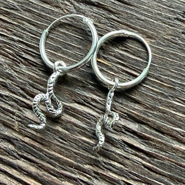 Sterling Silver Charm Hoop Earrings (Pair) - Snakes