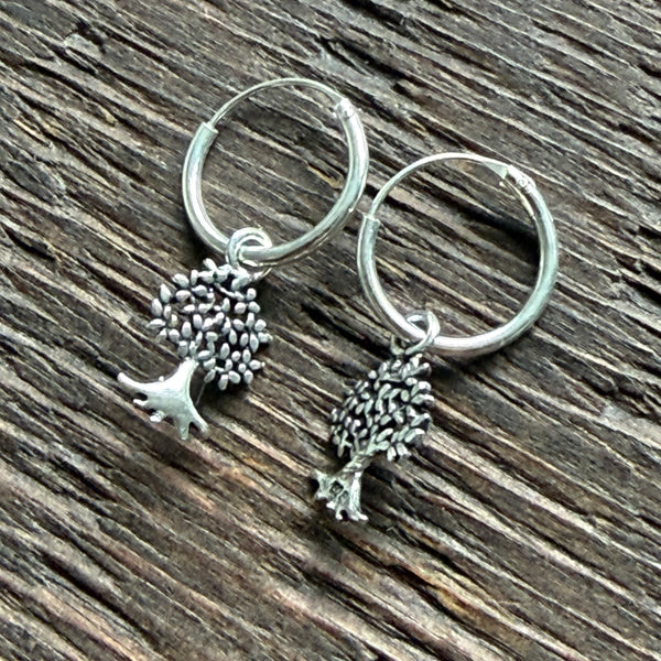 Sterling Silver Charm Hoop Earrings (Pair) - Tree of Life