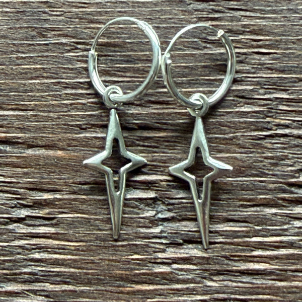 Sterling Silver Charm Hoop Earrings (Pair) - Gothic Elongated Star