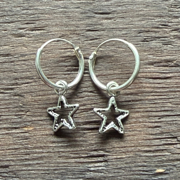 Sterling Silver Charm Hoop Earrings (Pair) - Star