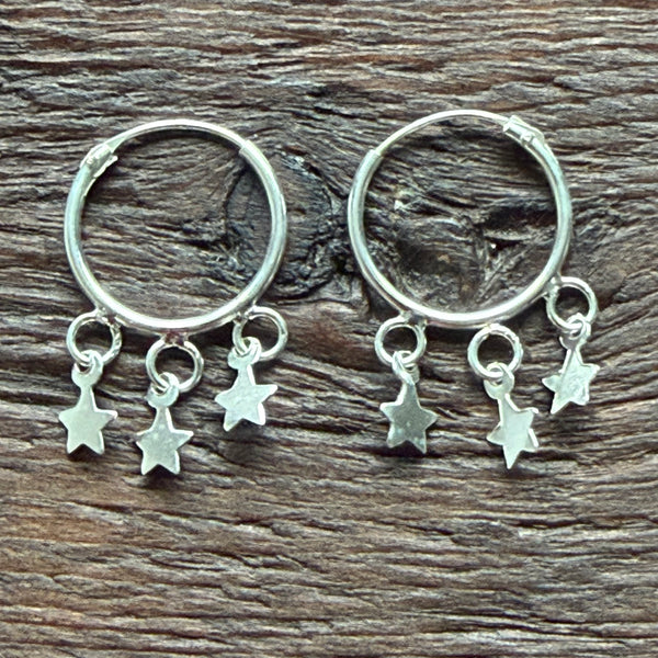 Sterling Silver Charm Hoop Earrings (Pair) - 3 Stars