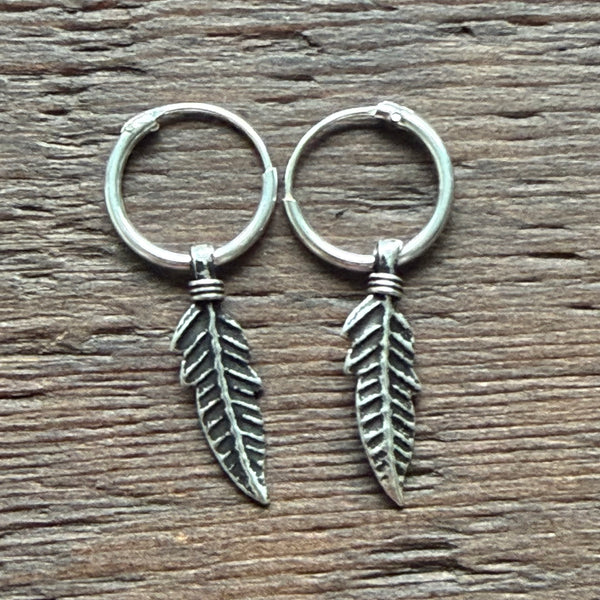 Sterling Silver Charm Hoop Earrings (Pair) - Leaf / Leaves