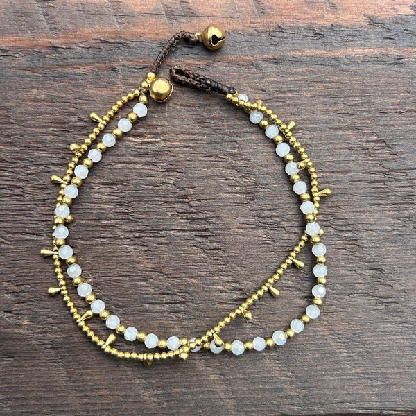 'Bead Love' 2 Strand Droplet Bead Anklet (Clear White)