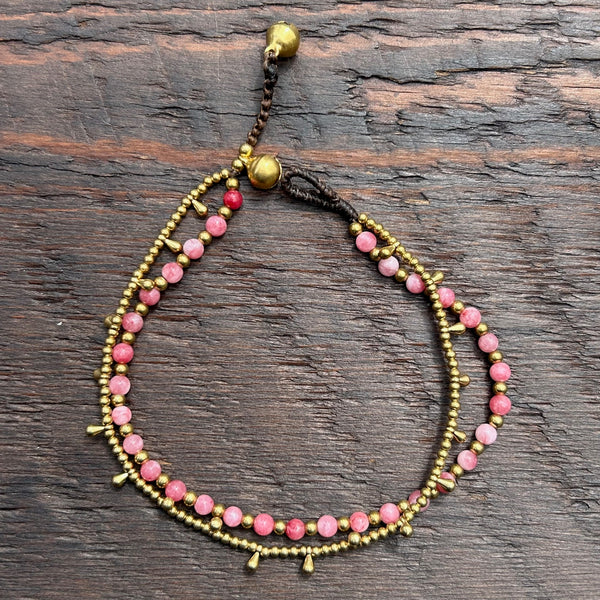 'Bead Love' 2 Strand Droplet Bead Anklet (Pink)