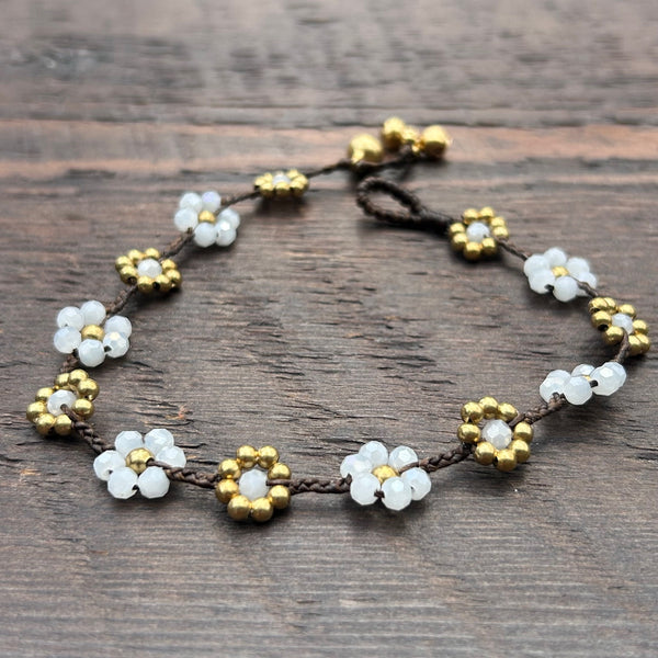 'Bead Love' Flower Design Bead Anklet (Clear White)