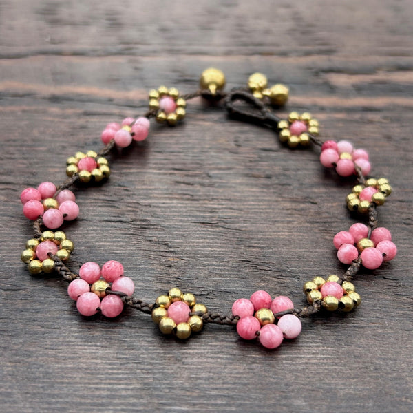 'Bead Love' Flower Design Bead Anklet (Pink)