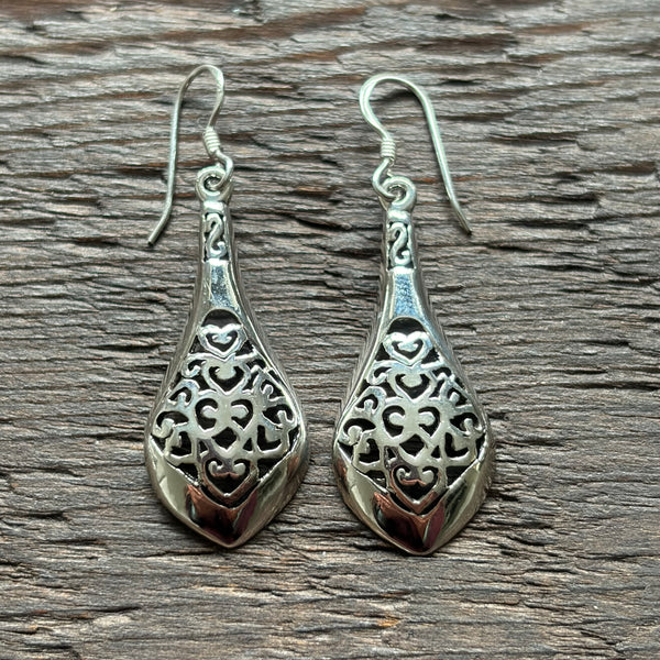 Ornate Swirl Teardrop Sterling Silver Drop Earrings