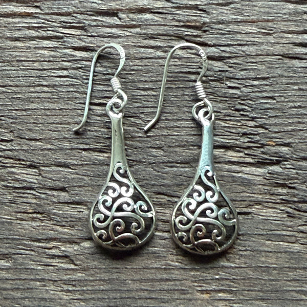 Ornate Swirl Teardrop Sterling Silver Mini Drop Earrings