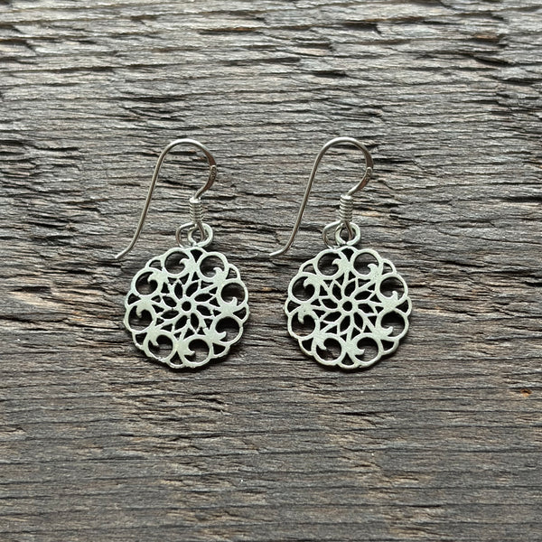 Round Ornate Swirl Sterling Silver Mini Drop Earrings