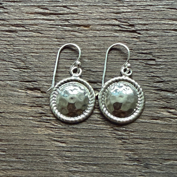 Round Hammered Sterling Silver Drop Earrings