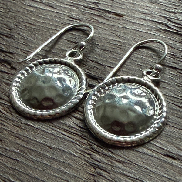 Round Hammered Sterling Silver Drop Earrings
