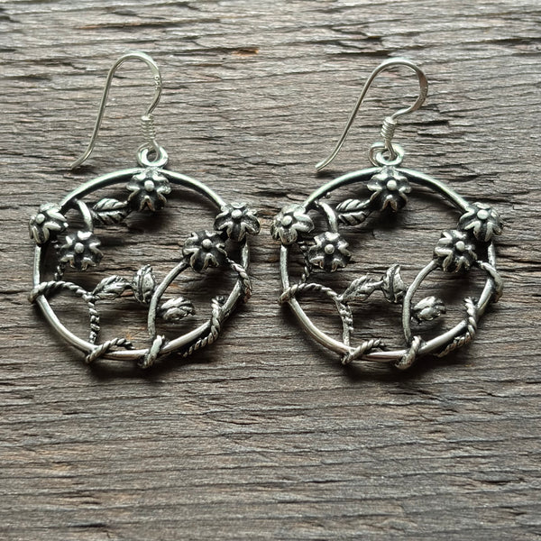Large Intricate Flower Sterling Silver Drop Earrings