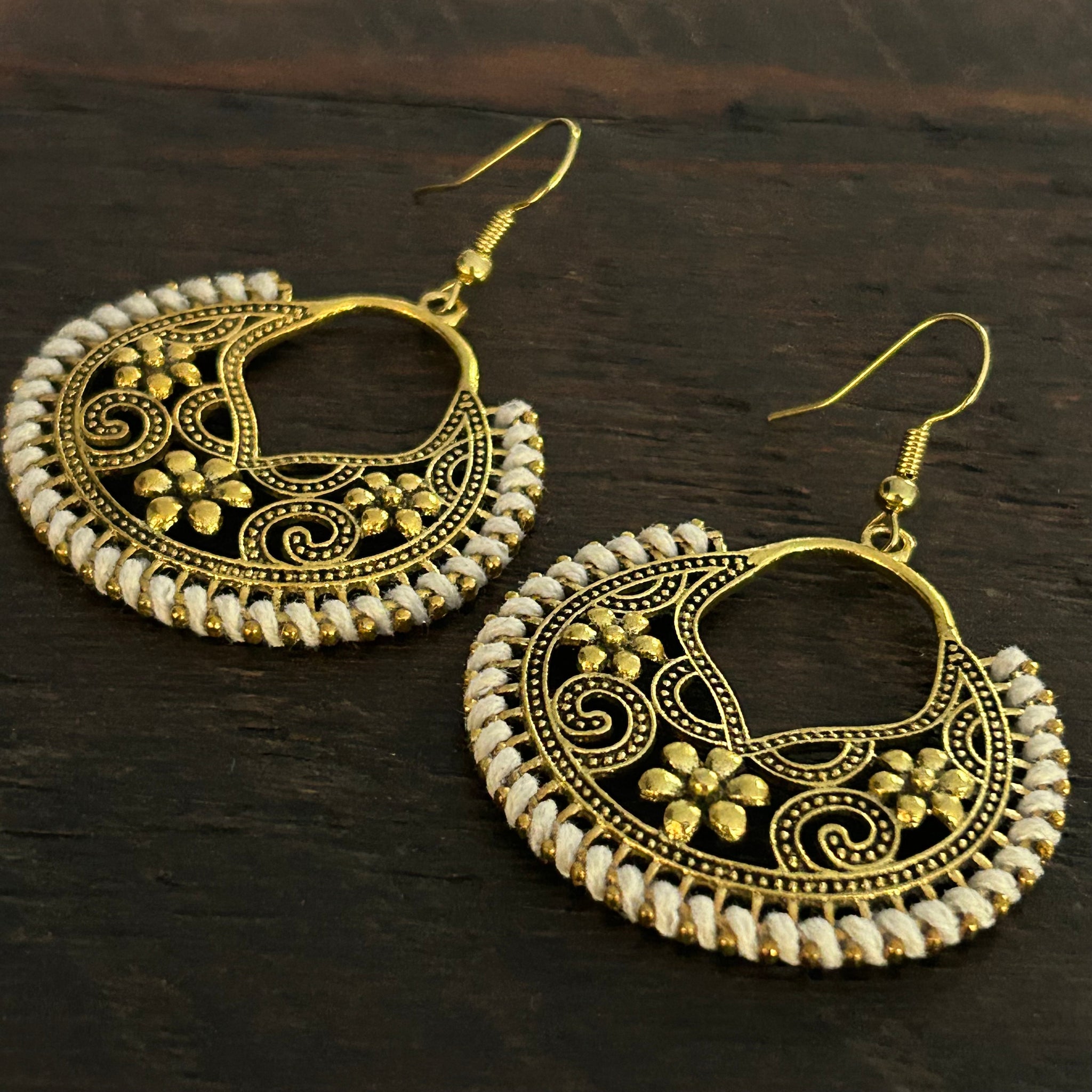 ‘Ethnic Vibes’ Round Flower Design Earrings - White