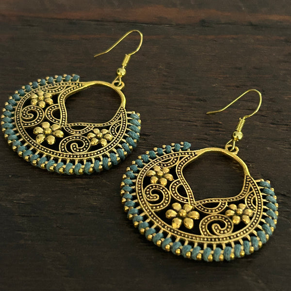 ‘Ethnic Vibes’ Round Flower Design Earrings - Blue Turquoise