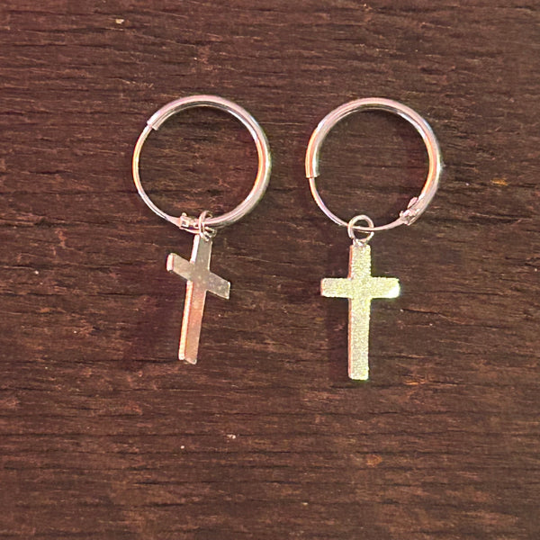 Sterling Silver Charm Hoop Earrings (Pair) - Cross / Crucifix