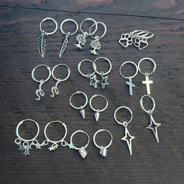 Sterling Silver Charm Hoop Earrings (Pair) - 3 Stars