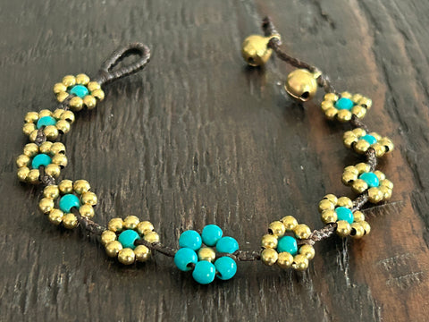 'Bead Love' Flower Design Bead Bracelet (Blue Turquoise)