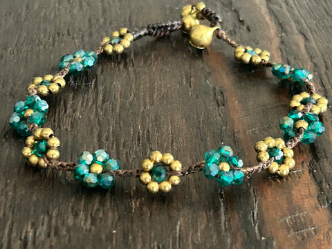 'Bead Love' Flower Design Anklet (Darker Translucent Green)