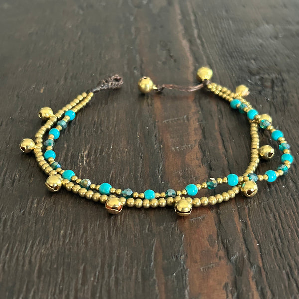 'Bead Love' 2 Strand Bead Anklet (Blue Turquoise & Green)