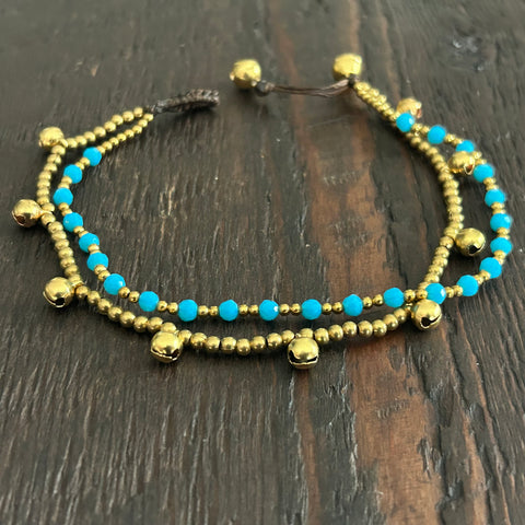 'Bead Love' 2 Strand Bead Anklet (Mid Blue)