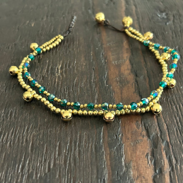 'Bead Love' 2 Strand Bead Anklet (Dark Green Glass)