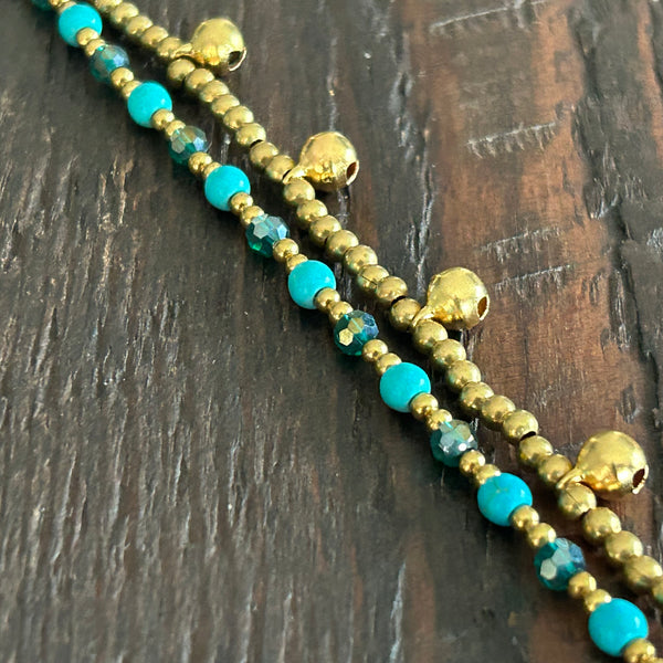 'Bead Love' 2 Strand Bead Anklet (Blue Turquoise & Green)