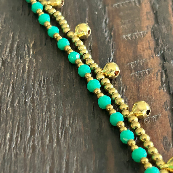 ‘Bead Love' 2 Strand Anklet with Faceted Beads (Green Turquoise)