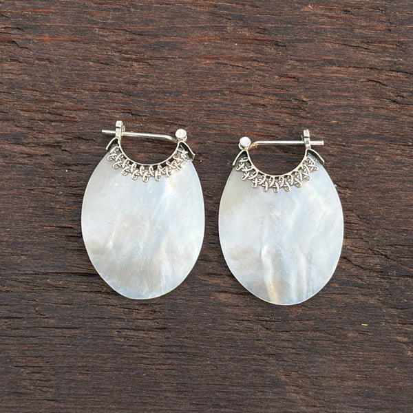Sterling Silver & White Mother of Pearl Shell Hoop Earrings