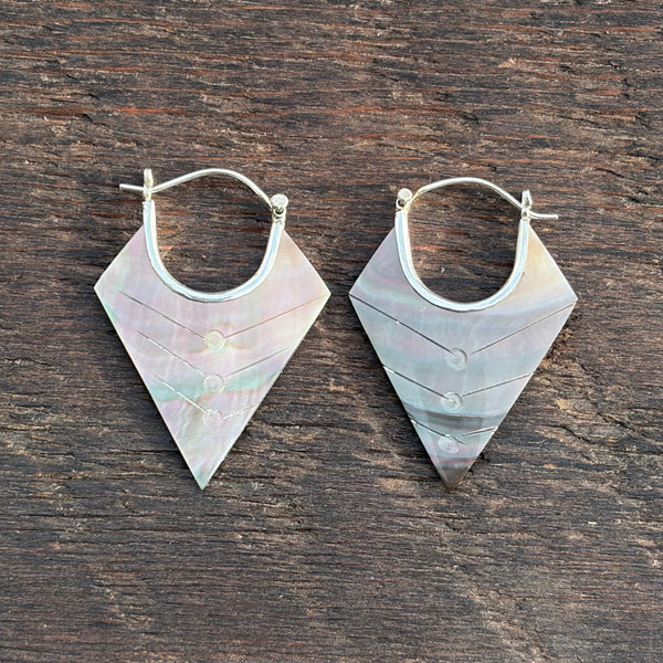 Sterling Silver & Black Mother of Pearl Shell Hoop Earrings